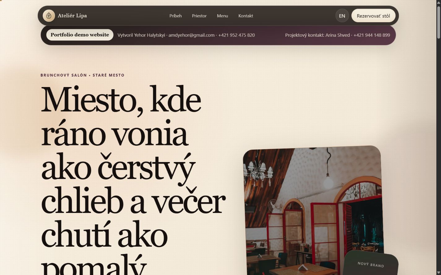 Ateliér Lipa restaurant website shown in its responsive layout