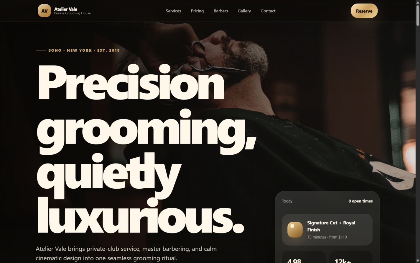 Atelier Vale luxury barber website shown in its responsive layout