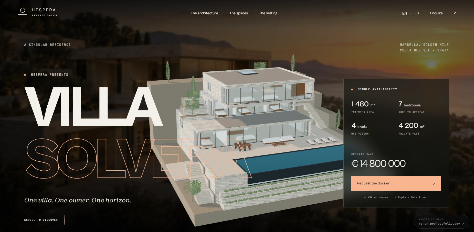 Villa Solvera luxury real estate website with a 3D architectural model